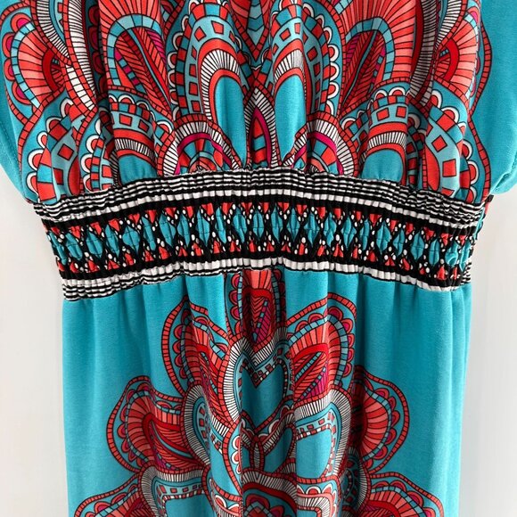 Bohemian-Inspired Turquoise Red Patterned Midi Dress Elastic Waist M Gypsy Swim - Picture 7 of 9